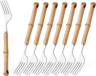 Dinner Fork Set, 8-Piece Natural Bamboo Forks, 18/8 Stainless Steel with Bamboo Handle, Silver Mirror Finish, Unique Design, 8.27 Inch