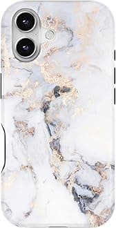 Compatible with iPhone 16 Plus Case, Hybrid Hard Shell + Silicone Protective Cover -Resistant Protective Case Shockproof for iPhone 16 Plus (6.7" Display) White Golden Marble