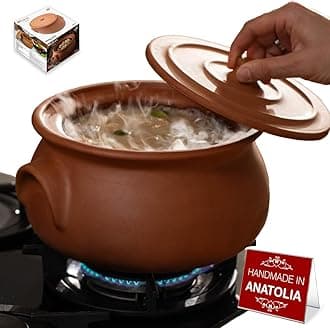 Hakan Suphan Handmade 4.7-Quart Midi Clay Cooking Pot with Lid, Natural Unglazed Cookware, Terracotta Cazuela, Casserole Dish, Rice Cooking, Stewpot, Korean, Indian, Mexican Dish 4.5 L