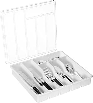 Lifewit Cutlery Tray with Lid, Cutlery Storage Box for Kitchen Drawer and Countertop, Plastic Cutlery Drawer Organiser for Spoons Forks Knives Holder Storage Insert, 6 Compartments, White