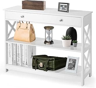 2/3-Tier Console Table, X-Design Wooden Side End Table with a Drawer/Shelves, Narrow Sofa Table Hall Desk for Living Room Bedroom Entryway (White, 3 Tiers with Drawer)
