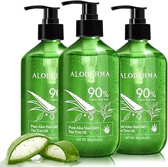 Aloderma Aloe Vera Gel + Tea Tree Oil, Made with Refreshing Organic Aloe for After Sun Skin Care, Multipurpose Use for Hair and Scalp, and Face or as a Shaving Gel or Aftershave - 10.6Oz x 3btls
