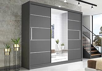 RAC3 Race to Road Modern Bedroom Sliding Wardrobe with LED Light - Ample Storage Space and Sleek Design comes in White/Grey/Black/Oak and Width 150cm/180cm/203cm/250cm (Gray, 250cm)