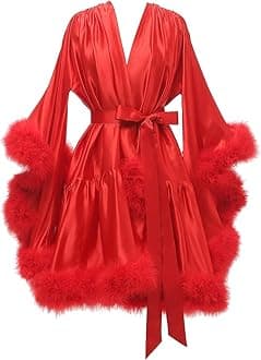 Changuan Women's Feather Robe Silk Satin Fur Bridal Robe Short Dressing Gown Bathrobe Lingerie Nightgown Sleepwear