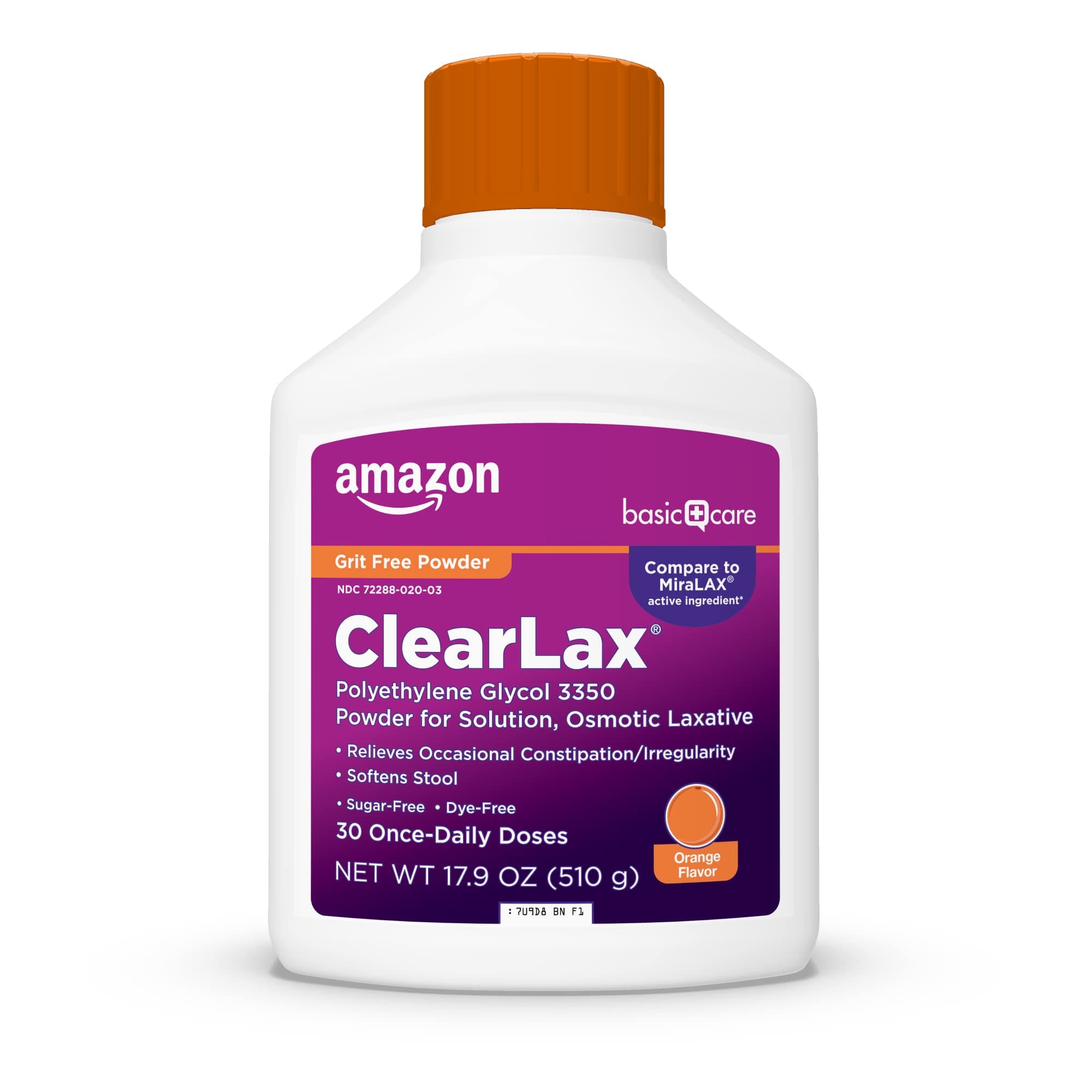 Amazon Basic Care ClearLax Polyethylene Glycol 3350 Powder for Solution, Orange Flavor, Osmotic Laxative, Stool Softener, Relieves Occasional Constipation, 1.11 pound (Pack of 1)