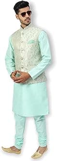 Uri and MacKenzieMen's Silk Blend Regular Kurta Churidar Pyjama with Bundi Nehru Jacket/Waistcoat