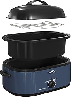 Royalcraft Roaster Oven with Self-Basting Lid, 18qt Electric Roaster with Removable Pan & Rack, Turkey Roaster Oven with Defrost & Warm Function, Stainless Steel, Blue