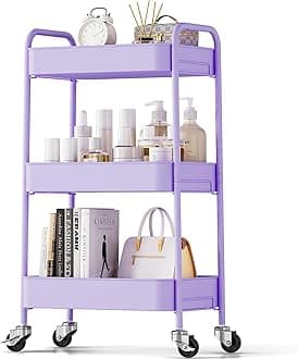 TOOLF 3-Tier Rolling Cart - Metal Utility Storage Organizer with Lockable Wheels, 33 lbs Per Shelf, Tool-Free 5-Min Assembly, for Kitchen Bathroom Office Nursery Craft Room, Purple