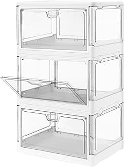 3-Pack Clear Stackable Storage Bins with Lids Magnetic Doors Open Front Foldable Folding Plastic Craft Containers Large Closet Organizers Box for Bedrooms Living Rooms Study Kids' Toys 24 QT