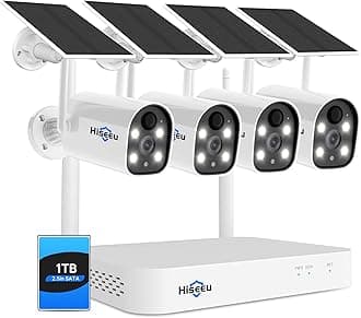 Hiseeu Solar Powered Wireless Security Camera System Outdoor, 10CH 2K NVR, AI Human Detection, 2-Way Audio, 4MP Battery Cameras with Color Night Vision, IP66 Waterproof, 1TB HDD (WK-4C40-AT)