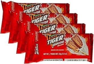 Britannia Tiger Glucose Biscuits Family Pack 1.76oz (50g) - Healthy & Delicious - Kids Breakfast & Tea Time Snacks (Pack of 4)