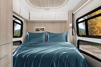 Homiest 4pcs RV Short Queen Satin Sheets Set Luxury Silky Satin Bedding Set with 10" Deep Pocket, Camper Queen Sheets, 1 Fitted Sheet + 1 Flat Sheet + 2 Pillowcases (RV Short Queen, Deep Sea Blue)