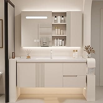 Bathroom Vanity with Sink - Floating Bathroom Vanity Contains LED Smart Defog Mirror Cabinet | Solid Wood Bathroom Vanity | Wall Mounted Installation (52")