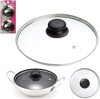 18cm Tempered Glass Lid & PK2 Knobs - Replacement for Wok, Stir Fry Pan, Stock Pots, Casserole, Saucepan