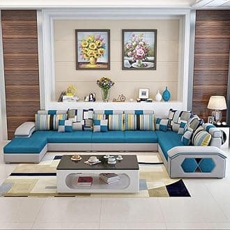 Ripple FURNITURE U Shape 9 Seater Modern Interchangeable Fabric Sofa Set with 4 Puffy (Left, Blue & White)