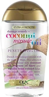 OGX Coconut Miracle Oil Extra Strength Penetrating Hair Oil for Dry, Damaged, and Frizzy Hair, Intense Hydration, Frizz Control, and Shine with Coconut Oil, Tiare, and Vanilla Bean Extracts, 100 ml