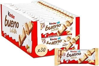 Kinders Bueno White Chocolate With Crunchy Hazelnut Pieces, Each 39 Grams Individually Wrapped (Pack of 30) (Imported Italy)