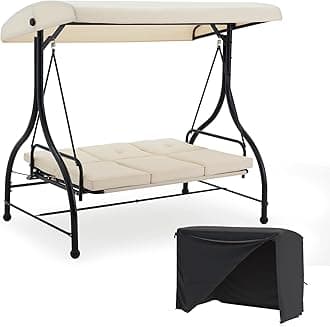 U-MAX Porch Swing with Cover, Patio Swing with Adjustable Backrest&Canopy 3 Seat Outdoor Swing with Canopy 2-in-1 Convertible Patio Daybed with Removable Beige Cushions