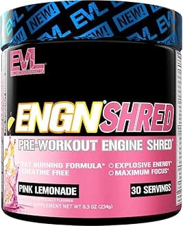 EVL Ultimate Pre Workout Powder - Thermogenic Fat Burn Support Preworkout Powder Drink for Lasting Energy Focus and Stamina - ENGN Shred Intense Creatine Free Preworkout Drink Mix - Pink Lemonade