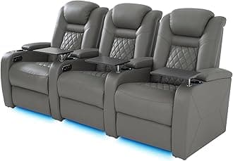 Home Theater Seating, Classic Series Leather Movie Theater Chairs, Power Headrest and Memory with C-Type USB Charger, 7-Color Ambient Lighting and Tray Table, Gray Power Adjustable Recliner(Row of 3)
