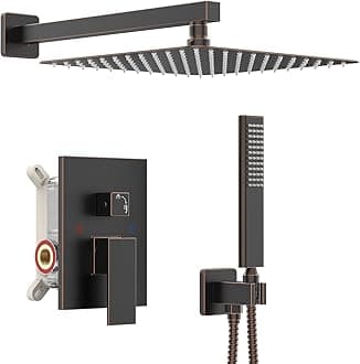 Iriber Oil Rubbed Bronze Shower System with 12 Inch Square Shower Head and Handheld Bathroom Rainfall Wall Mounted Shower Faucet Set Contain Shower Faucet Mixer Valve and Trim Kit (Valve Included)