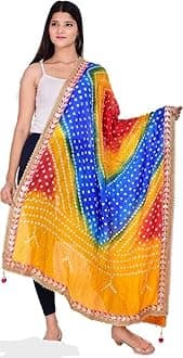 PK HUB Women’s Jaipuri Rajasthani Bandhani Silk Dupatta – Heavy Multi-Colored Bandhej Dupatta with Gota Patti Work & Latkan for Ethnic Wear (, Free Size)