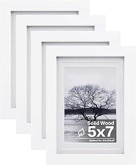 Egofine 5x7 Picture Frames Set of 4, Made of Solid Wood Covered by Plexiglass 3.5x5 and 4x6 with Mat or 5x7 without Mat, for Table Top Display and Wall Mounting Photo Frame White