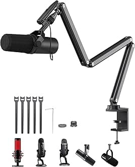 Aluminum Alloy Boom Arm Microphone Stand for Desk, Three-Section Adjustable Mic Arm Mount with Cable Management Channels for Desktop Podcasting, Recording, Streaming, Gaming, Home Office-Gray