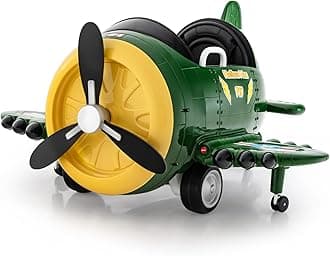 GYMAX Kids Ride on Car, 12V Battery Powered Car with Remote Control, Joysticks, Folding Airfoils, Rotary Propeller, Sounds, Music, USB & Wireless, Electric Airplane Toy for Boys Girls (Green + Yellow)