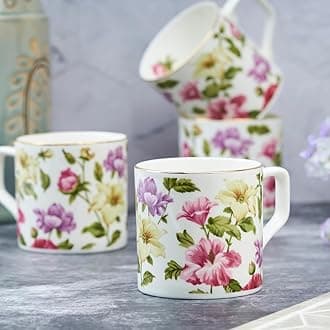 GOLDEN QUEEN'S Handcrafted Tea Cups - Set of 6 | Ideal for Everyday Tea and Coffee, Enhancing Your Daily Rituals - Floral Harmony Mugs