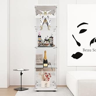 LFT HUIMEI2Y Glass Display Cabinet 4-Shelf with Door, Lock and Mirror, Curio Cabinets Upgraded Quick-Install Style, Tempered Glass Display Showcase for Bedroom, Living Room 66”x 17”x 14” White