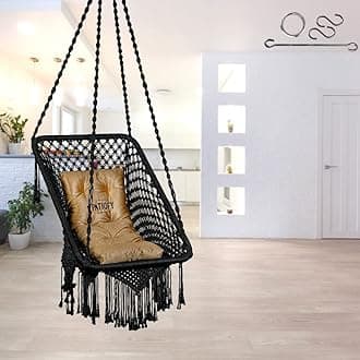 Patiofy Polyester Swing/Swing for Balcony/Jhula/Swing for Adults/Swing Chair for Adults for Home/Swing for Indoor Outdoor Rectangular Swing Chair with Golden L Cushion & Free Hanging Kit -Black