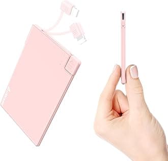 Auskang Slim Power Bank with Built-in Cable 2500mAh, Lightweight Battery Bank and Thinnest Portable Phone Charger - Credit Card Size, Compatible with iPhone Series (excluding iPhone 15 series)-Pink