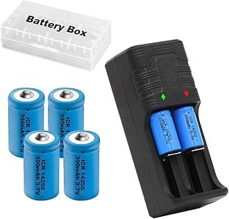 14250 Battery Charger with 4X 300mah 14250 Battery, 4 Pack Lithium Ion 1/2 AA Size Batteries Can Replace 3.6 Volt LS 14250, ER14250, 3v CR14250 Battery for Laser