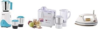 USHA RapidMix 500-Watt Copper Motor Mixer Grinder (Sea Green/White) & Usha 3345 450-Watt Juicer Mixer Grinder with 2 Jars (White) & Usha EI 3710 Heavy Weight 1000-Watt Dry Iron, 1.75 Kg(White)