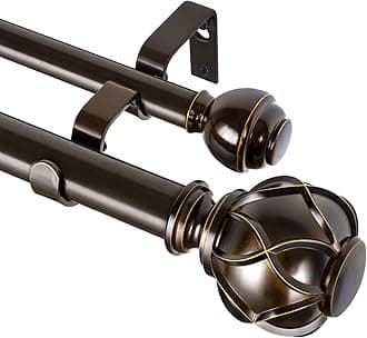 KAMANINA 1 Inch Double Curtain Rods 140 to 195 Inches (12-16 Feet) Telescoping Heavy Duty Drapery Rod for Windows 120 to 170, Netted Texture Finials, Antique Bronze