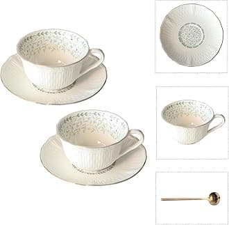 Vintage Floral Porcelain Tea Cup and Saucer Set with Spoon, Gold Trim, 6.4 oz – Set of 2, Light Blue – Tea & Espresso & Coffee Cups (2, Light Blue)