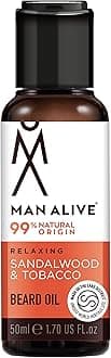 Beard Oil for men by Man Alive 99% Natural skincare 50ml with Oatmeal, Argan Oil, Jojoba Oil & Almond Oil, gifts for men softens facial hair mens gifts birthday gifts for him (Sandalwood & Tobacco)