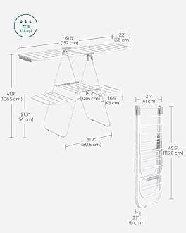 SONGMICS 2-Tier Foldable Clothes Airer, Freestanding Indoor Laundry Drying Rack with Height-Adjustable Wings, Sock Clips and 33 Drying Bars, White and Gray MLLR053G01V1