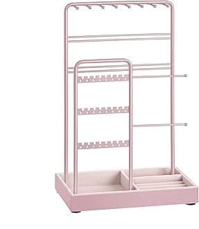 SONGMICS Jewellery Stand, Jewellery Organiser, Jewellery Display Stand with Metal Frame and Velvet Tray, Earring Bracelet Holder, Necklace Stand, for Studs, Rings, Gift Idea, Jelly Pink JJS021R01