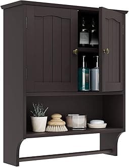 Smuxee Brown Wall Cabinet with Towel Bar - Medicine Cabinet with Adjustable Shelves, Over Toilet Cabinet for Laundry Room Kitchen