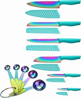 Knife Set with Spoons, KYA37B Knife Sets with Blade Guards and Measuring Spoons, Marco Almond® Rainbow Color 17-Piece Stainless Steel Kitchen Knives Set with Covers
