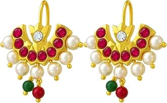 VAMA FASHIONS 18K Gold Plated Anti Tarnish Traditional Maharashtrian White Pearl Ruby Stone Half Moon Peacock Shape bugadi Upper Ear Clip on Pressing Earrings For Women & Girls