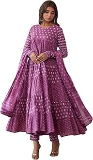 ANNI DESIGNER Pure Cotton Anarkali Kurta Palazzo Dupatta Set for Women | Flared Hem Style Kurta Set | 3 Piece Suit Set for Women Cotton | Festive Kurti Set (Blue & Pink)