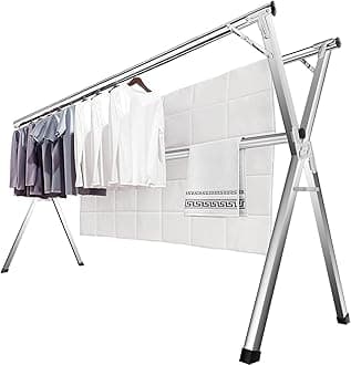 63 Inches Clothes Drying Rack, Drying Rack Clothing Folding Indoor Outdoor, Heavy Duty Stainless Steel Laundry Rack, Foldable Portable Large Clothes Rack Garment Rack with 20 Windproof Hooks