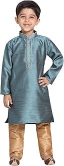 JBN CreationBoys' Full Sleeve Silk Blend Kurta Pyjama Set with Mandarin Collar, Featuring Ethnic Motifs, Self-Design, and Embellishments - Perfect for Festivals and Special Occasions