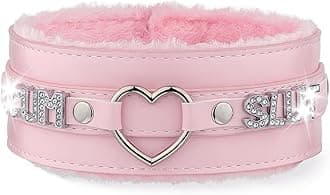 Pink Furry Heart O-ring Leather Choker Collar For Women, Handmade Punk Gothic Letter Necklace Adjustable Fashion Jewelry