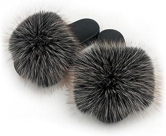 Women's Faux Fur Slides Slippers Fluffy Fuzzy Sandals Open Toe Furry Slide Flip Flop Indoor Outdoor