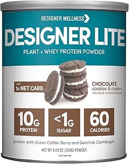 - Designer Lite, Low Calorie Natural Protein, Prebiotic Fiber, Key Vitamins & Minerals, Chocolate Cookies & Cream, 9.03 Ounces