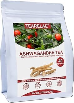 Ashwagandha Tea Bags - 2.5g x 40 Count - Sourced From India - Premium Natural Cut & Sifted Pure Indian Ginseng Root - Non-GMO - Caffeine-free - Rich in Antioxidants & Boost energy